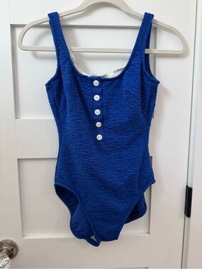Vintage Women’s Mainstream Blue Crinkle One-Piece Swimsuit with Fits like M